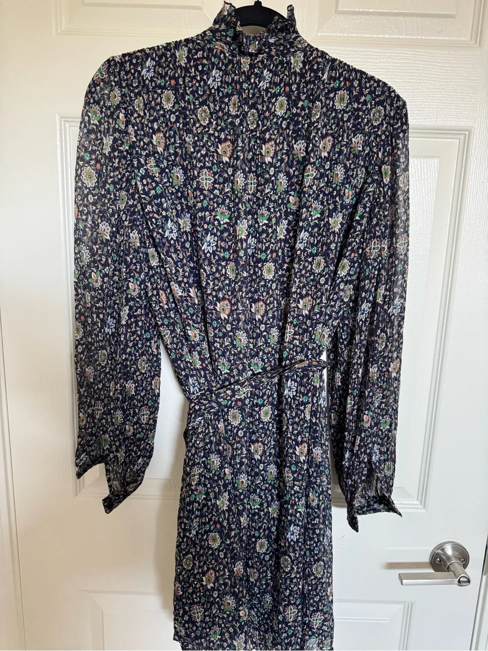 Tory Burch Navy Floral Long-Sleeve Ruffle Tie-Waist Dress
